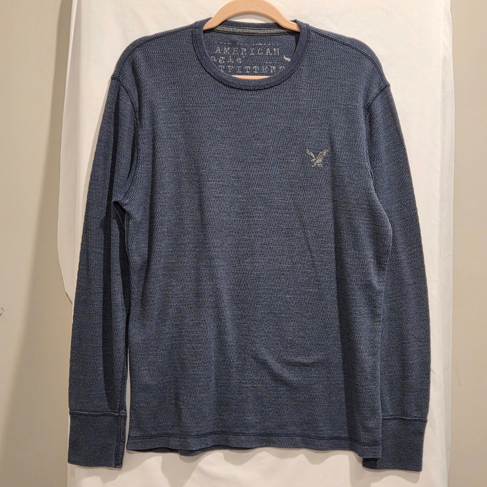 American Eagle Y2K Mens Vintage Fit Thermal Shirt Blue Waffle Knit L Long Sleeve